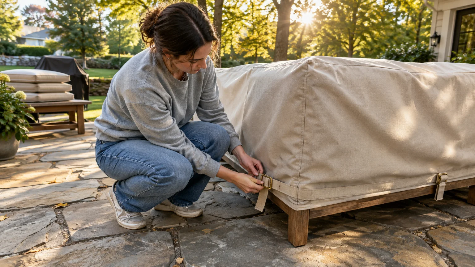 A woman crouches on a stone patio, fastening the buckle strap of a beige protective cover over an outdoor sofa.