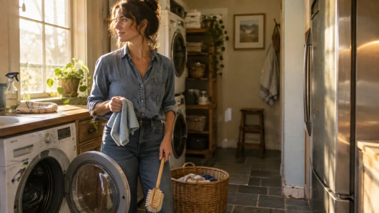 A woman holding a cleaning cloth and brush stands in a sunlit laundry room beside an open washing machine.