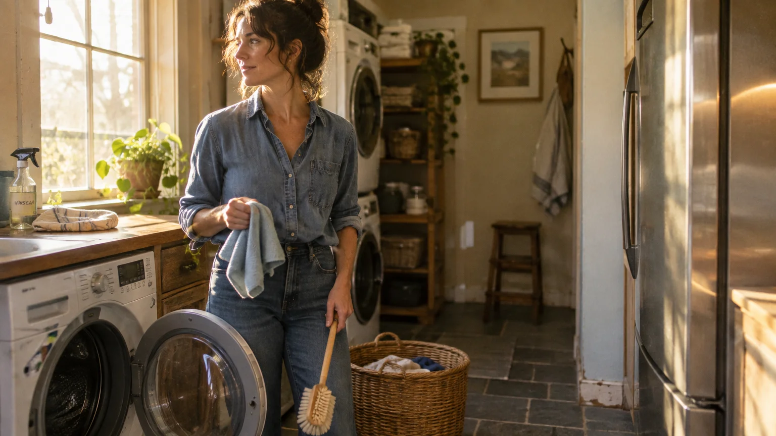 A woman holding a cleaning cloth and brush stands in a sunlit laundry room beside an open washing machine.