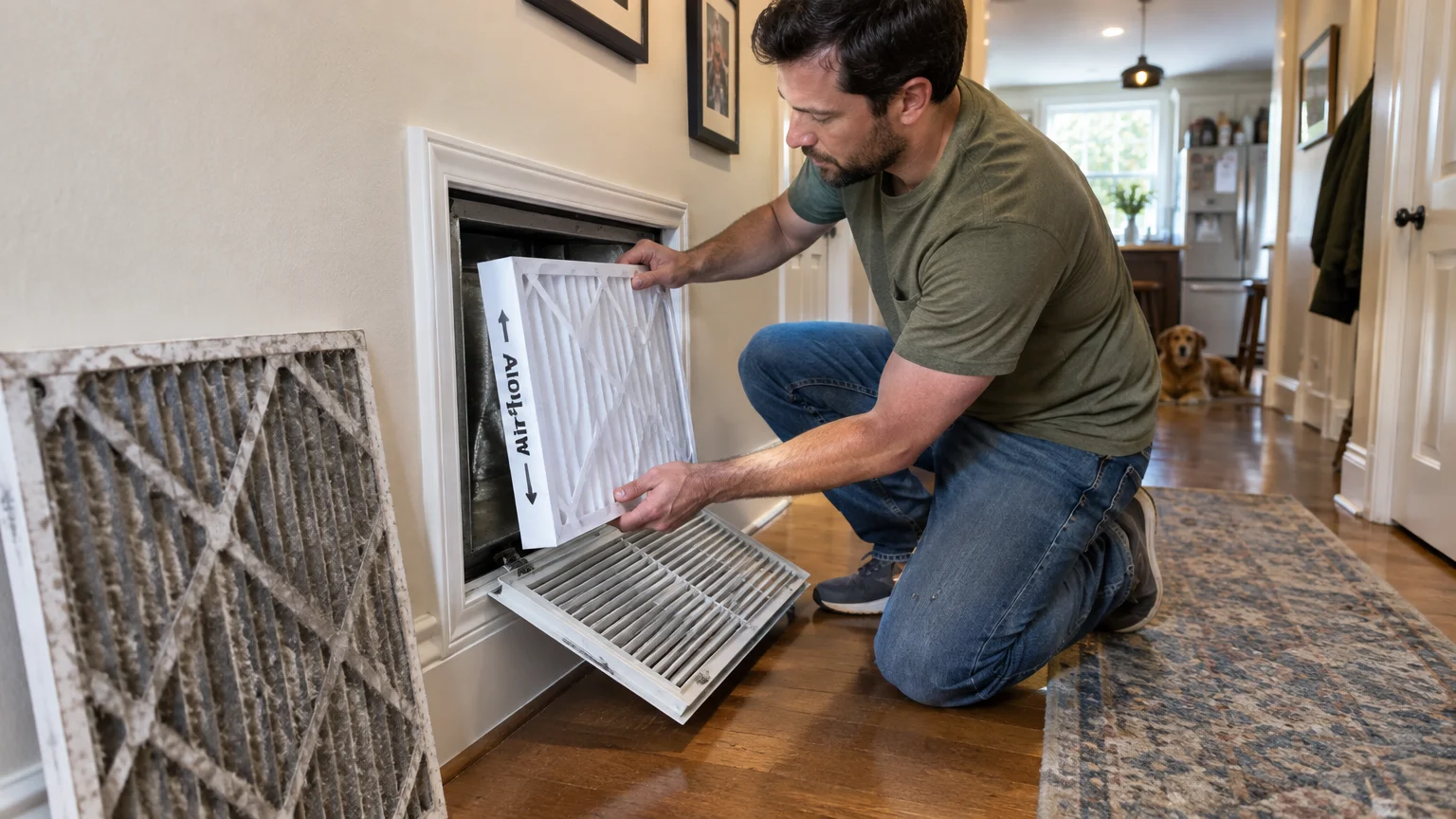 A man kneels in a hallway, sliding a clean white pleated air filter into an open wall vent next to a dirty filter.