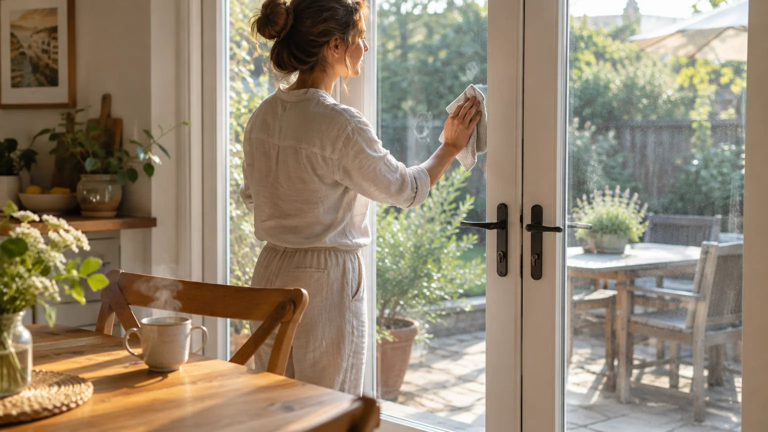 Woman in linen loungewear wipes a glass patio door with a microfiber cloth inside a sunlit kitchen.