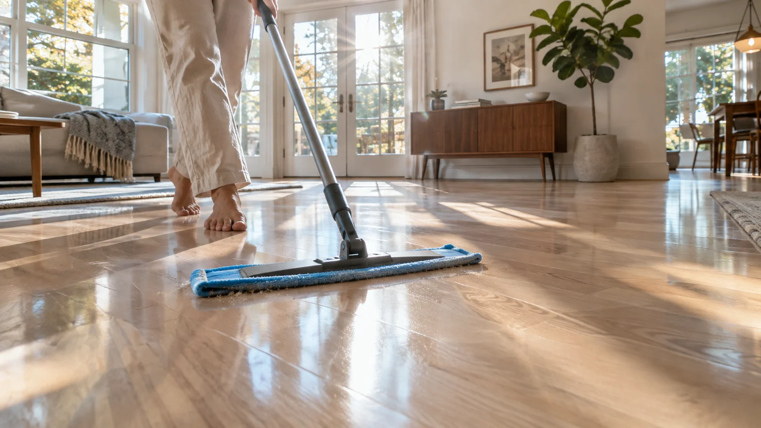 Bare feet beside a blue microfiber dust mop cleaning sunlit, polished hardwood floors in a spacious living room.
