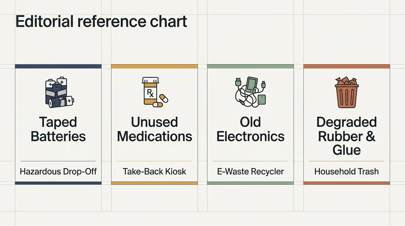 Reference chart showing disposal categories: taped batteries, unused medications, old electronics, and degraded rubber.