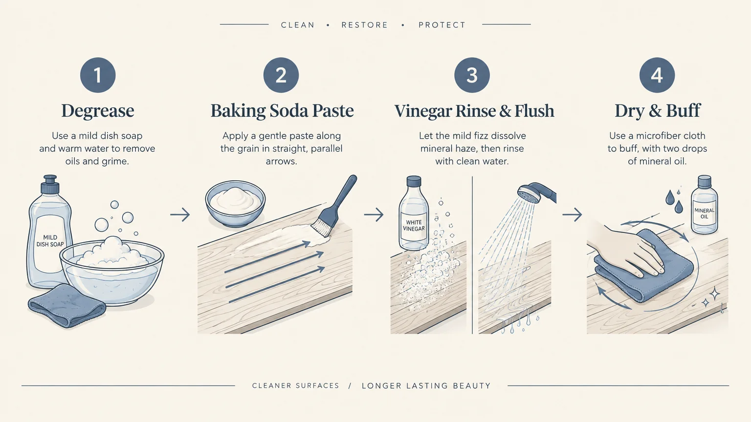 Step-by-step cleaning diagram showing Degrease, Baking Soda Paste, Vinegar Rinse and Flush, and Dry and Buff stages.