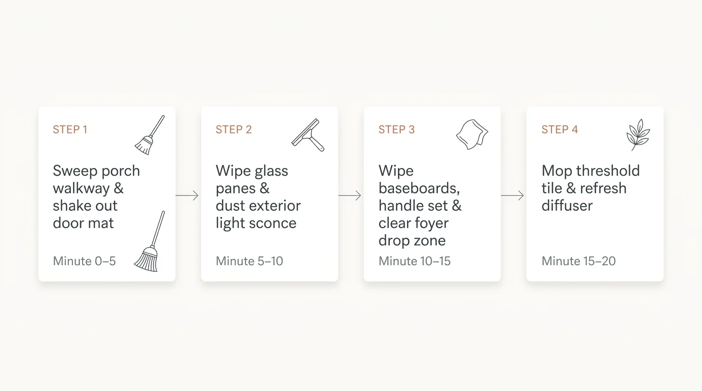 Four-step process flowchart outlining a 20-minute entryway cleaning routine in five-minute intervals with icons.