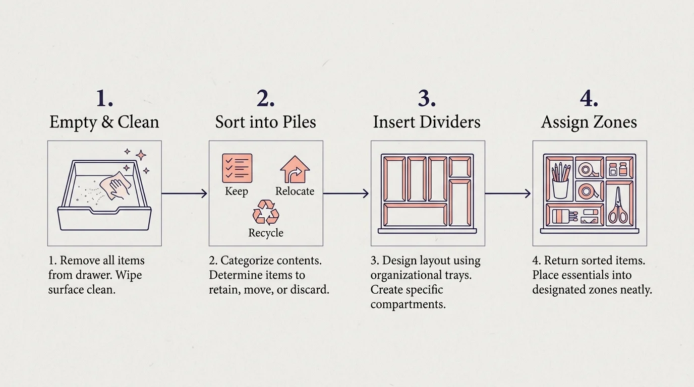 Four-step diagram showing: 1. Empty & Clean, 2. Sort into Piles, 3. Insert Dividers, and 4. Assign Zones.