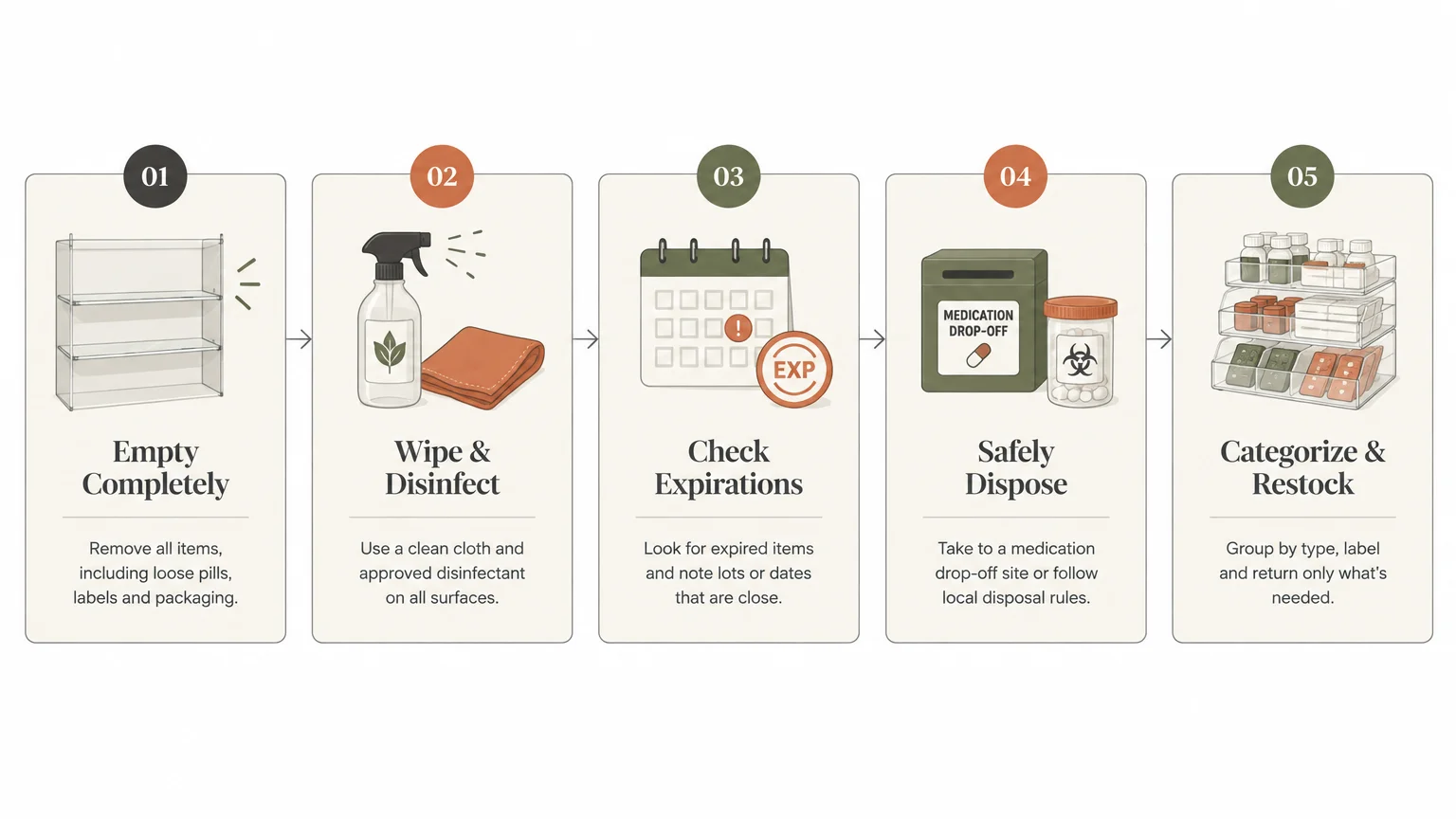 Infographic showing a five-step medicine cabinet cleanout process from emptying shelves to restocking organized supplies.