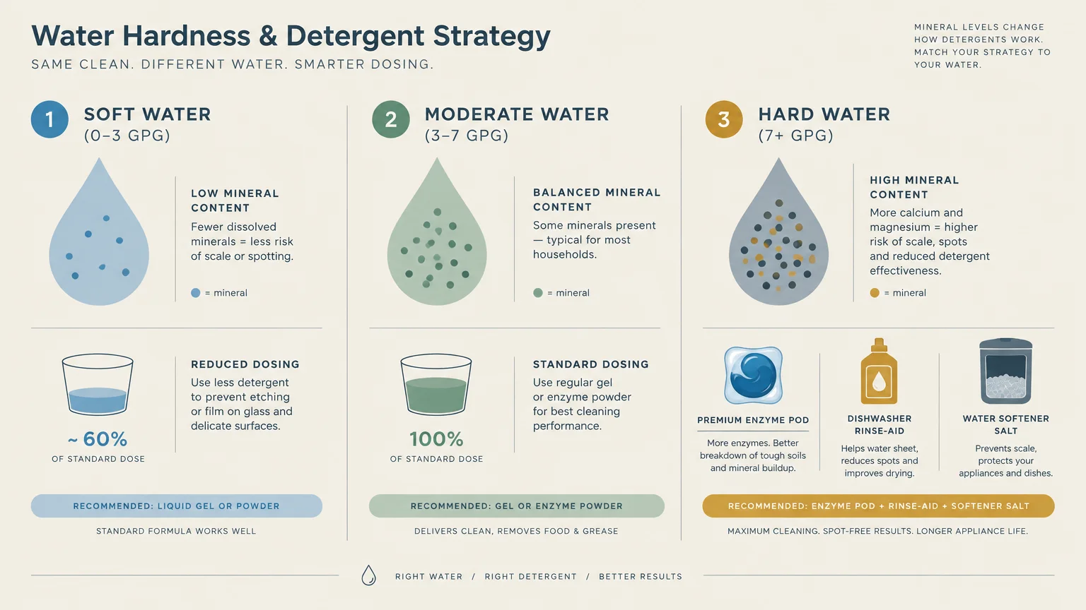 Diagram outlining detergent dosing strategies and recommendations across soft, moderate, and hard water levels.