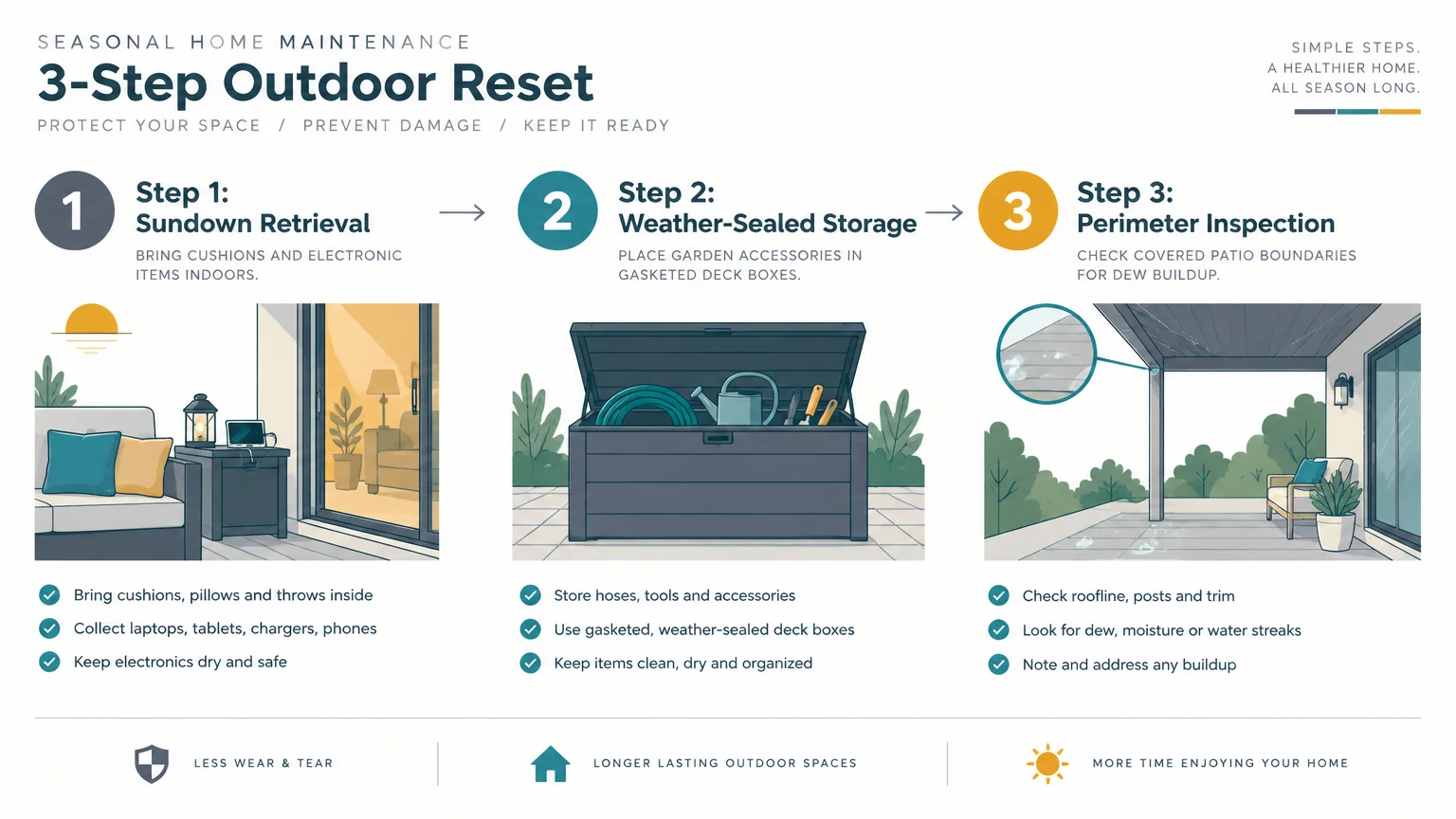 Three-step infographic diagram illustrating sundown retrieval, weather-sealed storage, and patio perimeter inspection routines.