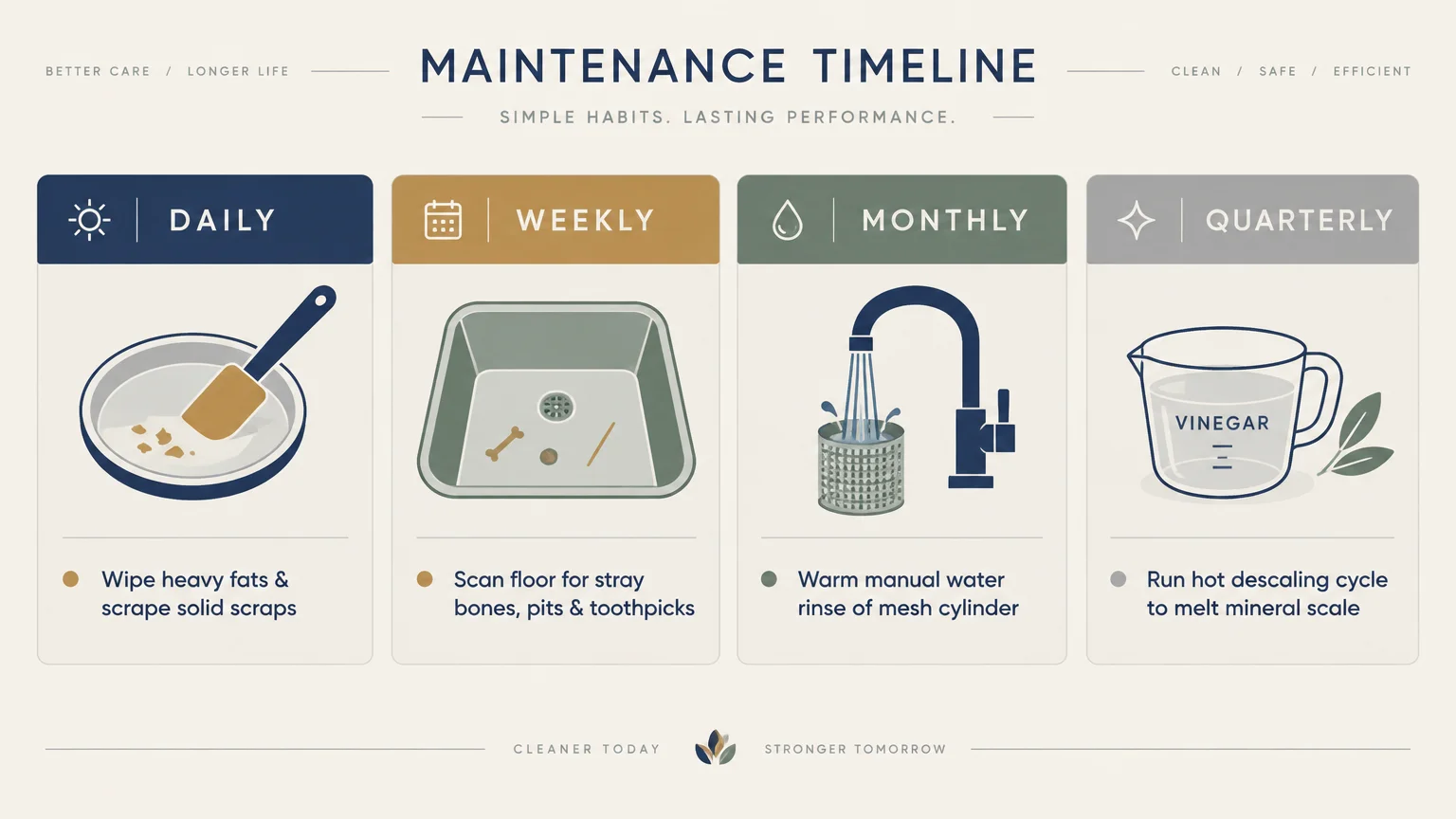 Maintenance timeline chart detailing daily, weekly, monthly, and quarterly dishwasher cleaning tasks.