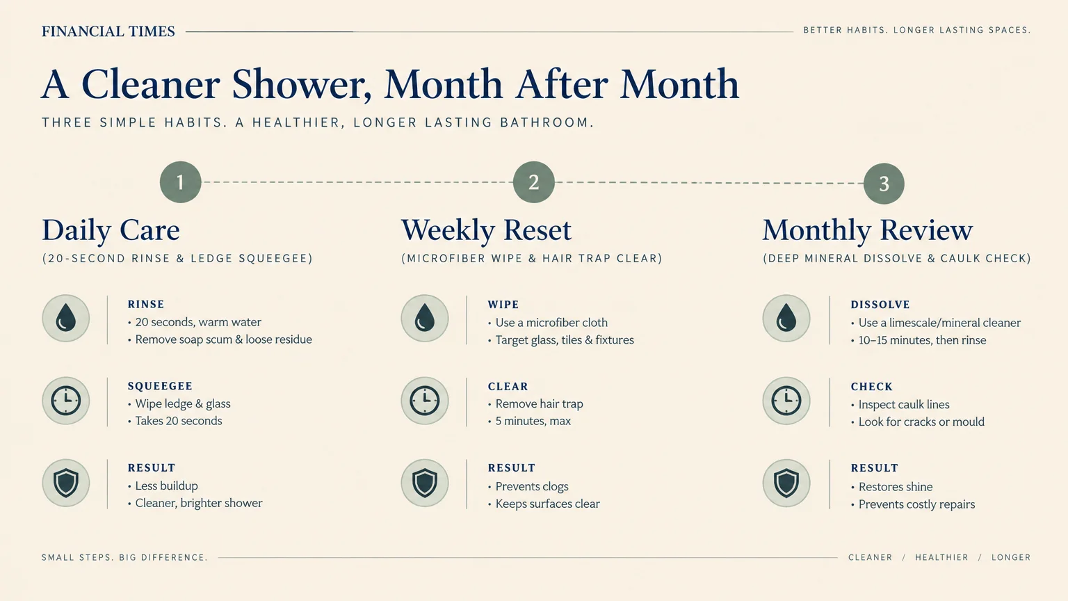 Three-column infographic outlining steps and results for Daily Care, Weekly Reset, and Monthly Review cleaning routines.