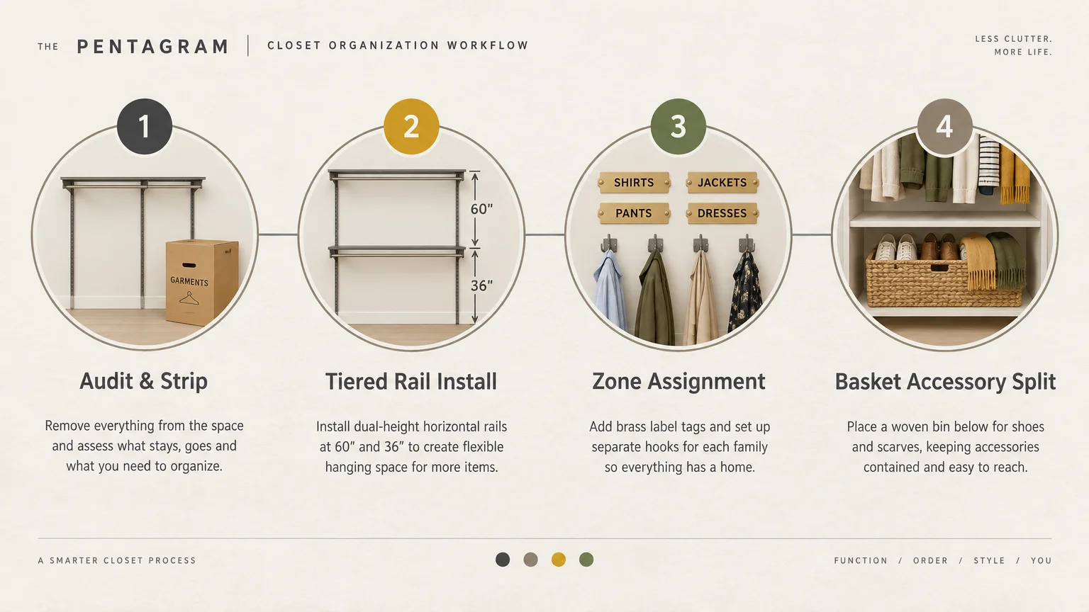 Four-step diagram titled Closet Organization Workflow showing audit, rail install, zone assignment, and basket accessory split.