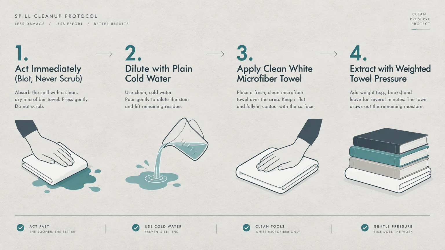 Four-step diagram showing spill cleanup: blot immediately, dilute with water, apply clean towel, and weigh down with books.