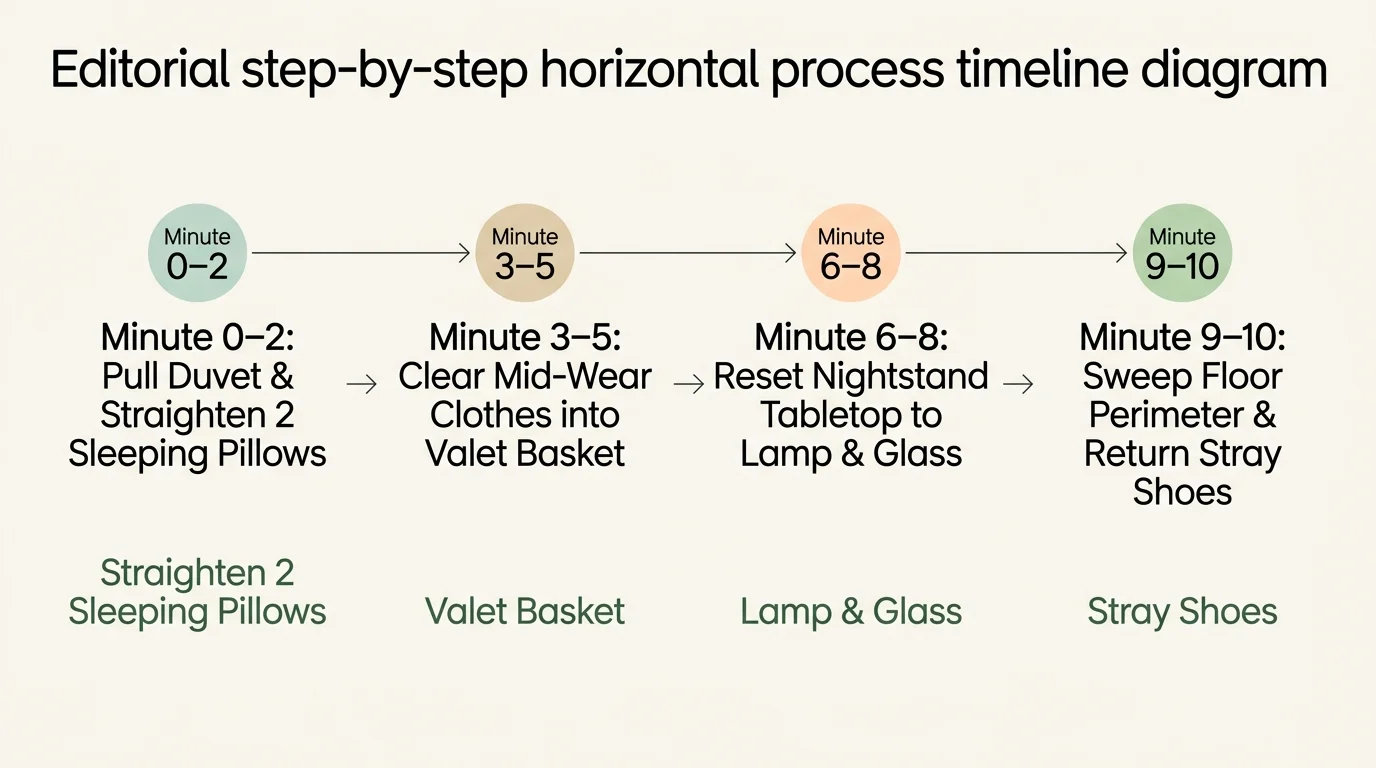 Horizontal process timeline diagram breaking down a 10-minute bedroom reset across four sequential time intervals.