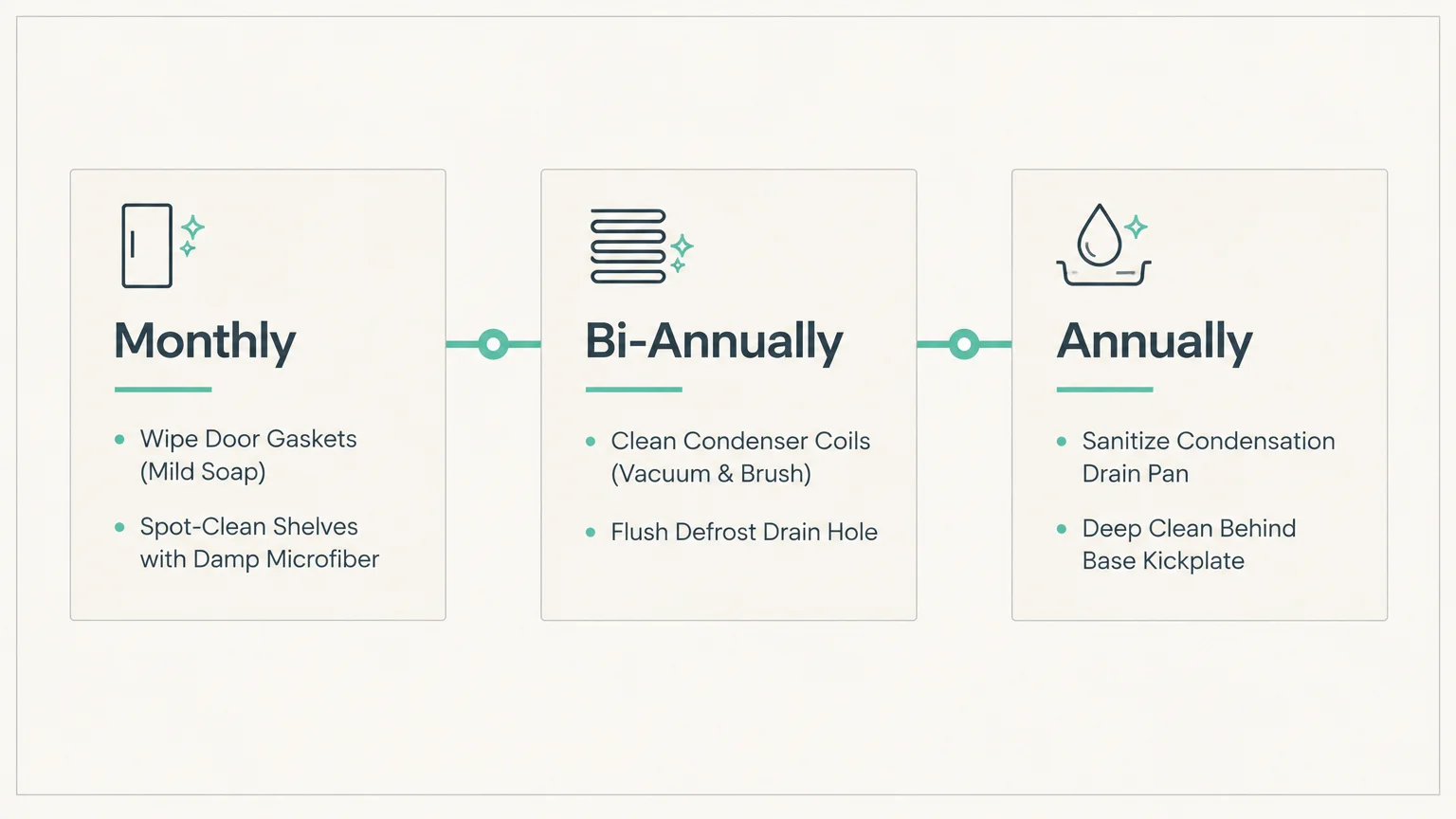 Diagram outlining refrigerator maintenance tasks grouped into Monthly, Bi-Annually, and Annually schedules.