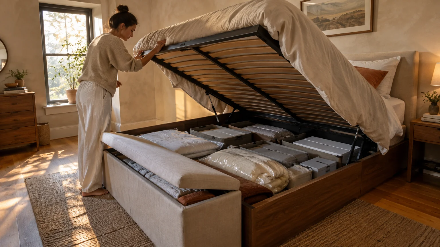 A woman lifts a hydraulic bed frame revealing organized storage bins, pillows, and a storage bench underneath.