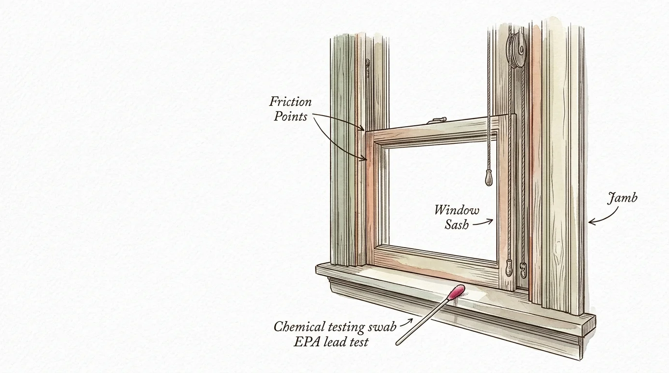 Diagram of an old wooden window sash and sill labeled with friction points and an EPA chemical lead test swab.
