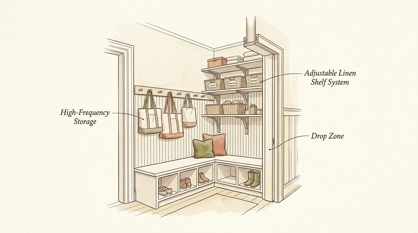 Illustration of a built-in entryway nook with wall hooks, an L-shaped storage bench for shoes, and labeled linen shelves.