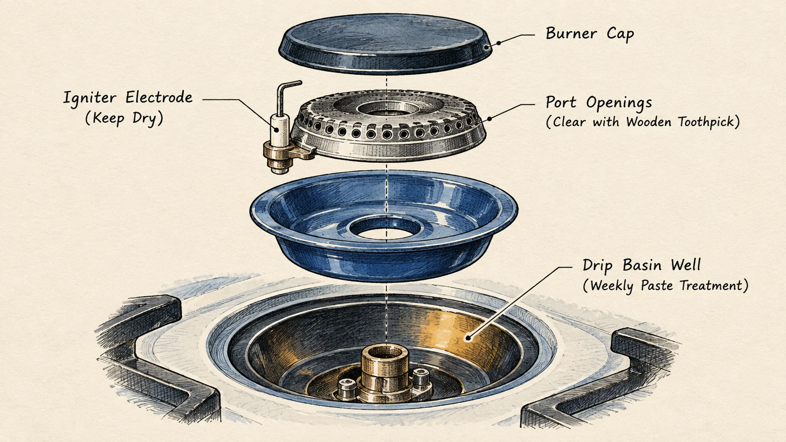 Labeled exploded illustration of a gas stove burner assembly, including the cap, igniter electrode, and drip basin well.