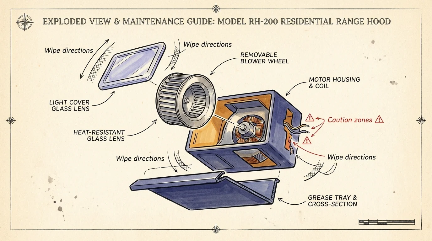 Exploded technical illustration of range hood parts including light cover, blower wheel, motor housing, and grease tray.