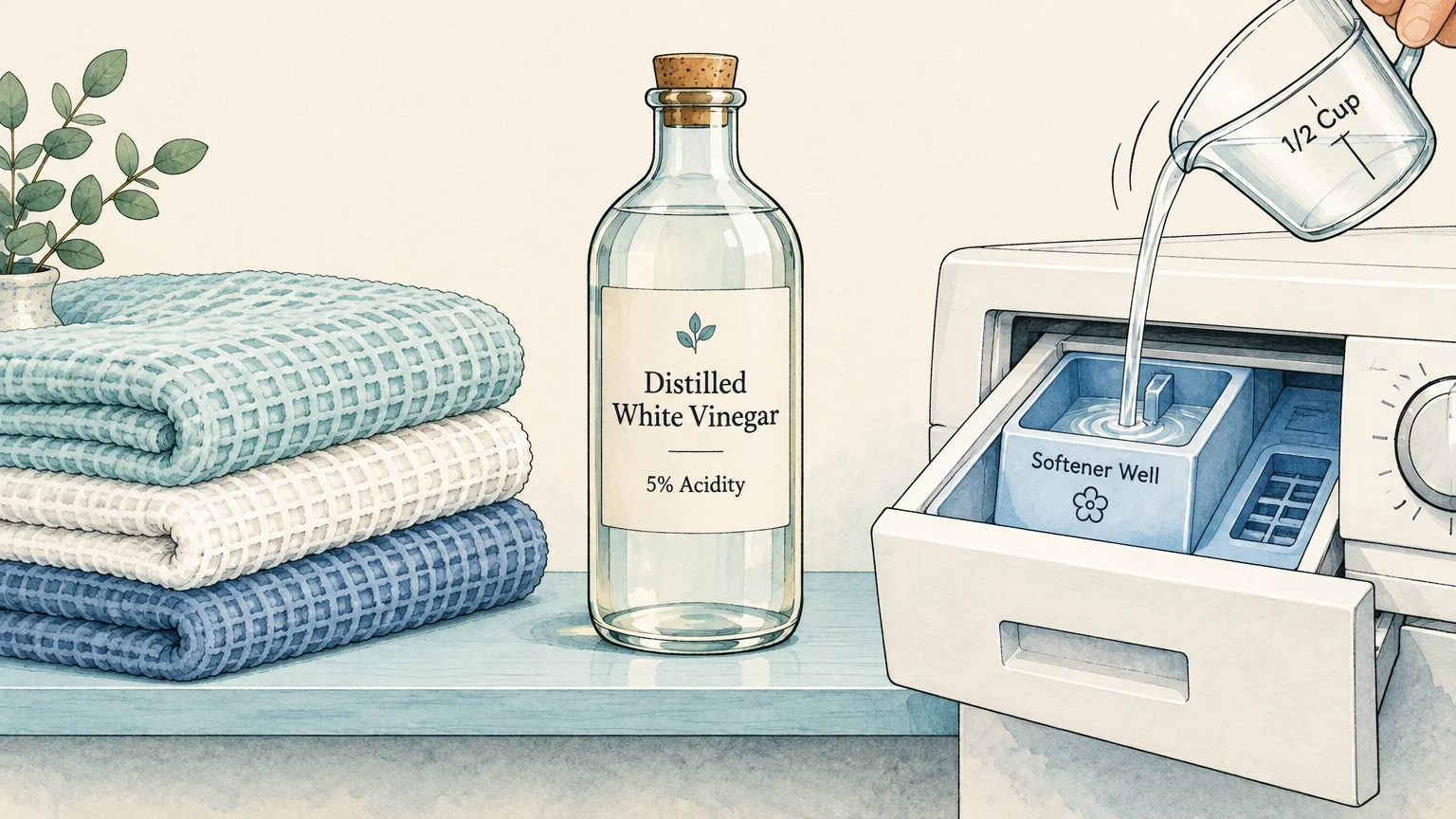 Illustration of vinegar being poured from a measuring cup into a washing machine dispenser drawer beside folded towels.