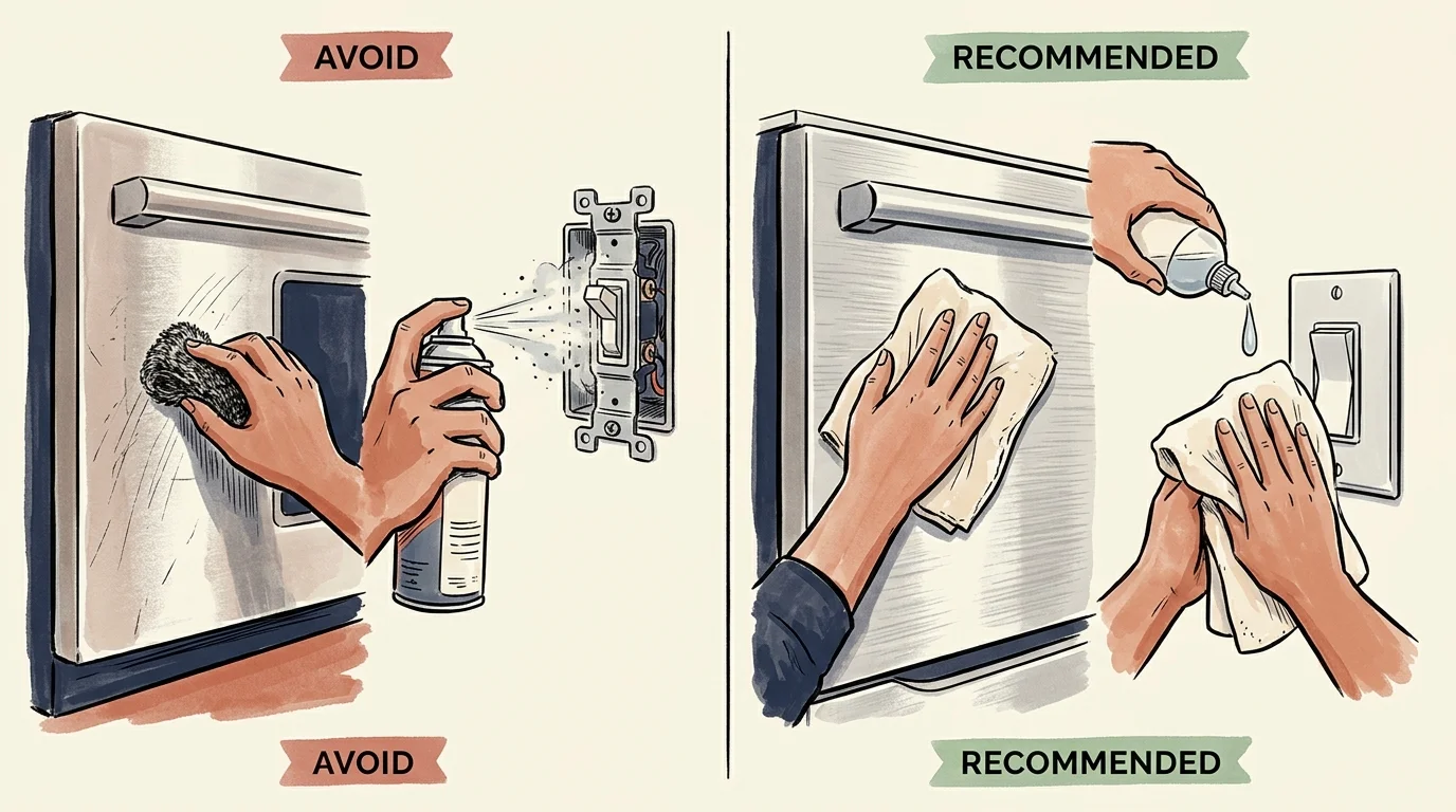 Split illustration comparing improper abrasive scrubbing and spray with gentle cloth wiping on an appliance and light switch.