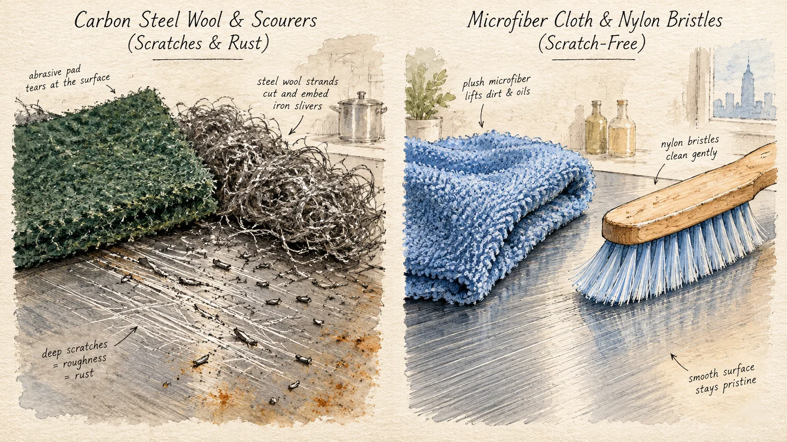 Split illustration comparing scratched, rusted metal from steel wool against smooth metal cleaned with microfiber and nylon.