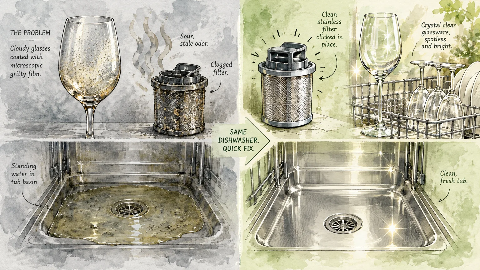 Illustration comparing a dirty dishwasher basin, cloudy glass, and clogged filter with clean, sparkling versions.
