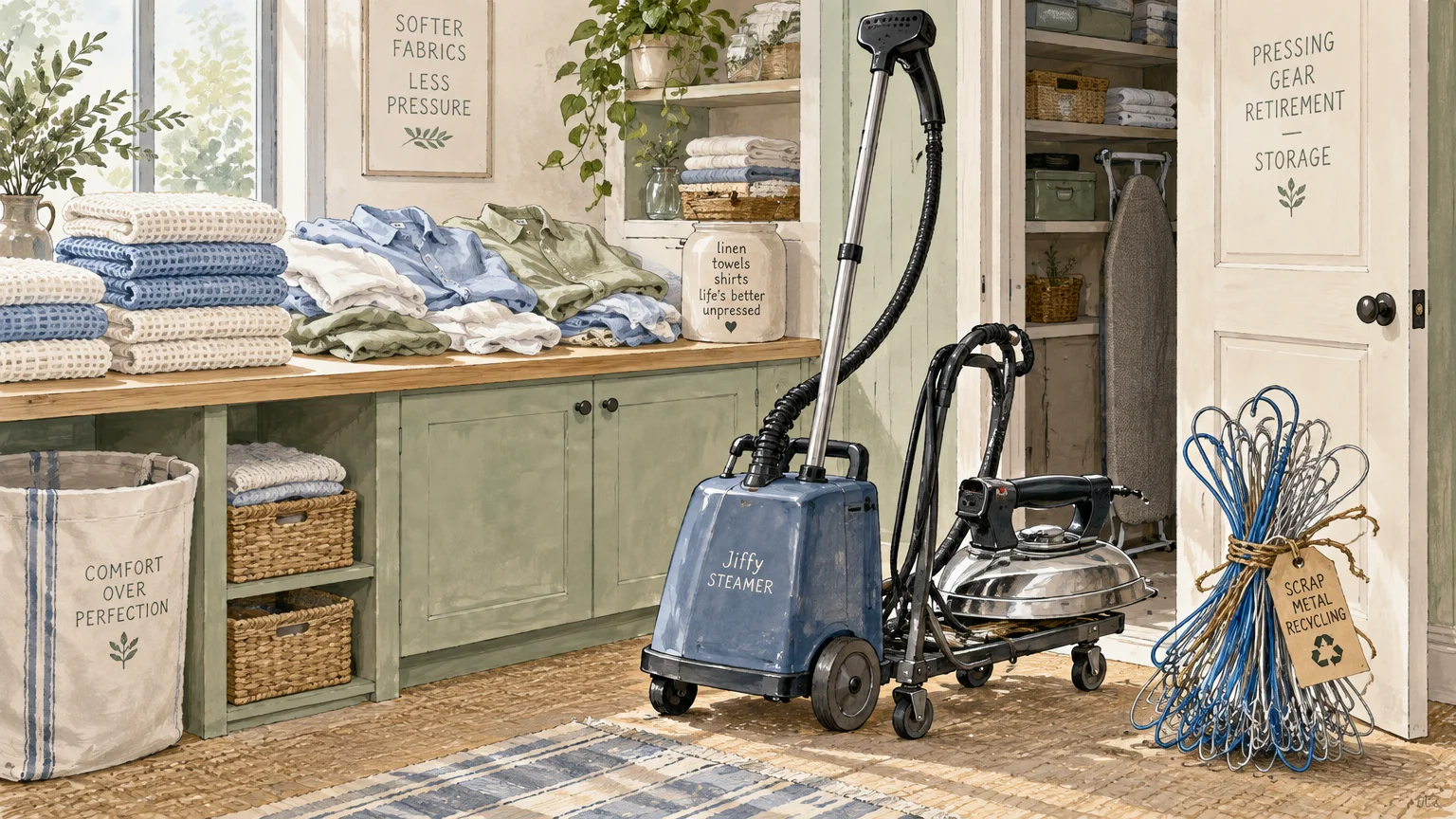 Illustration of an upright garment steamer, commercial iron on a cart, and bundled wire hangers in a laundry room.