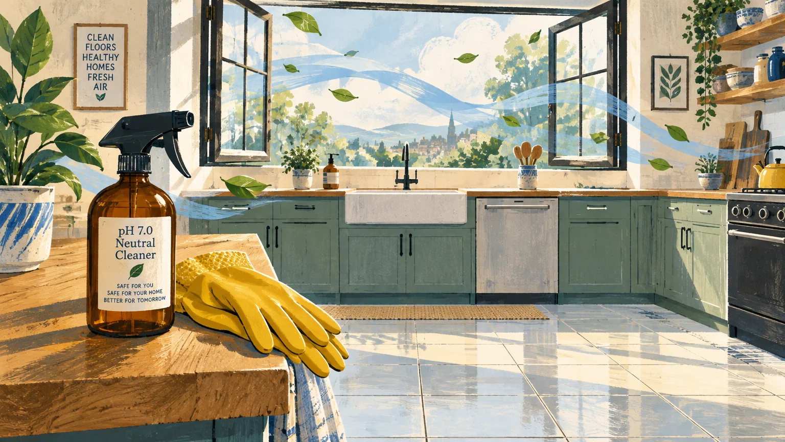 Illustration of a spray bottle and yellow rubber gloves on a wooden counter before an open, breezy kitchen window.