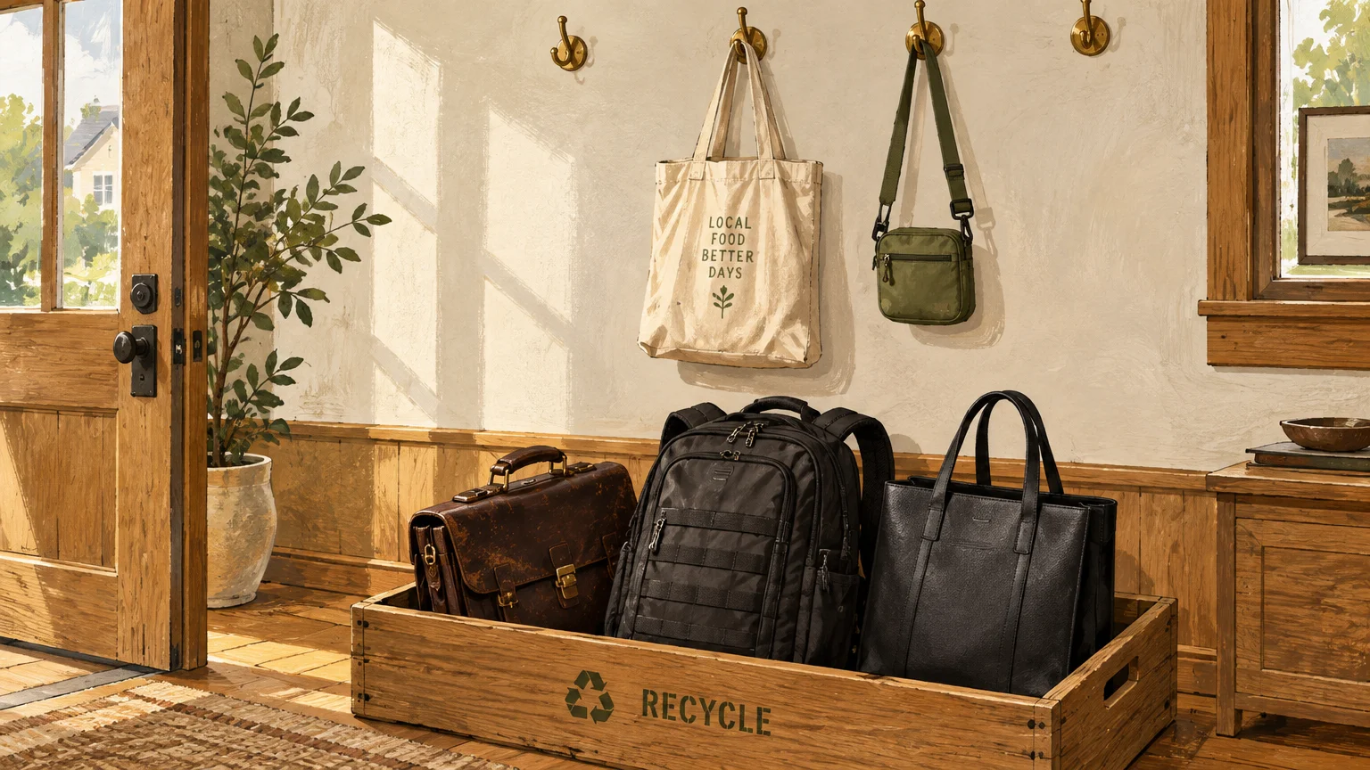 A wooden recycle bin holds a briefcase, backpack, and tote bag beneath lightweight bags hanging on wall hooks.