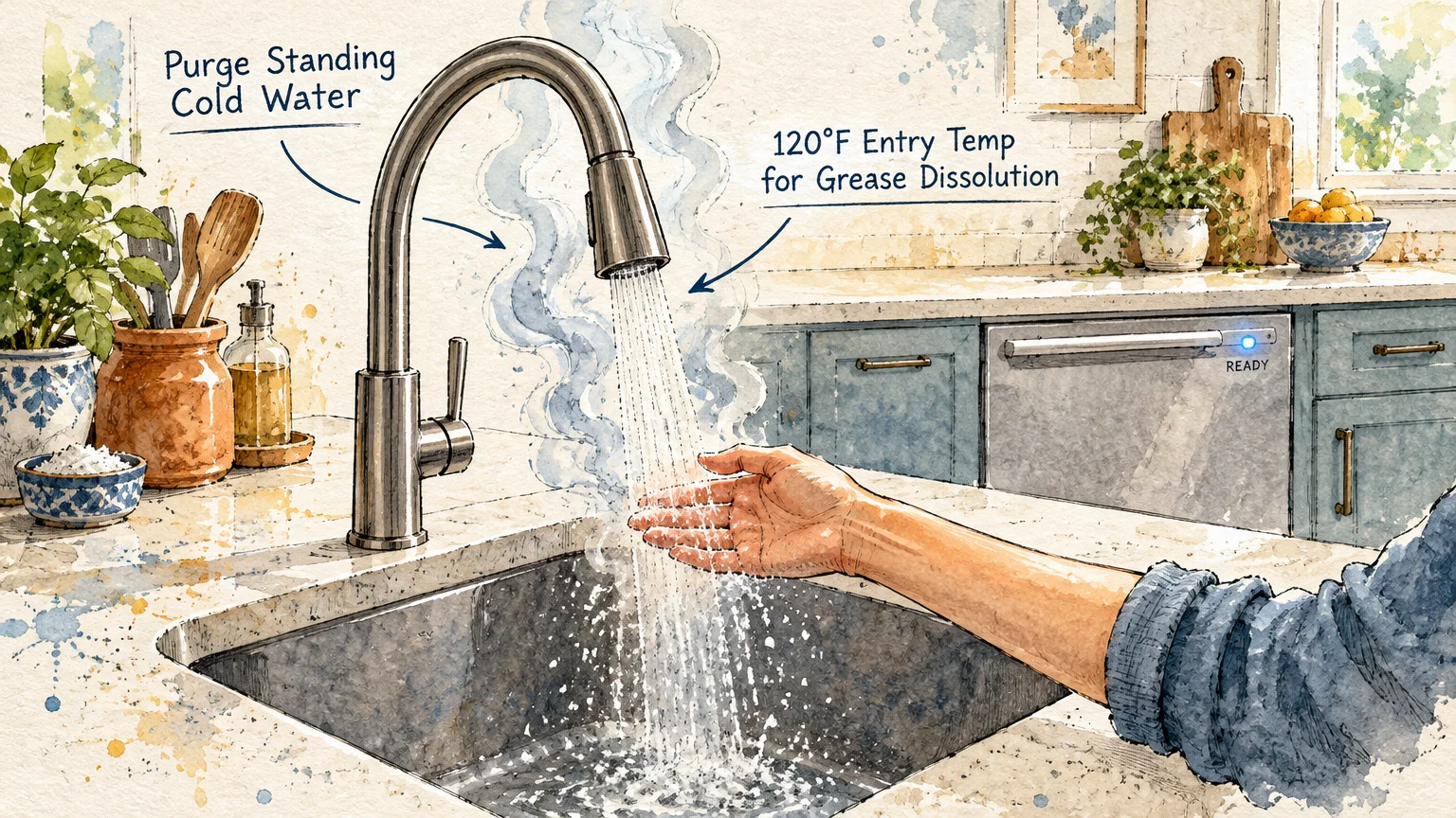 Watercolor illustration of a hand testing steaming hot water running from a kitchen faucet next to a dishwasher.