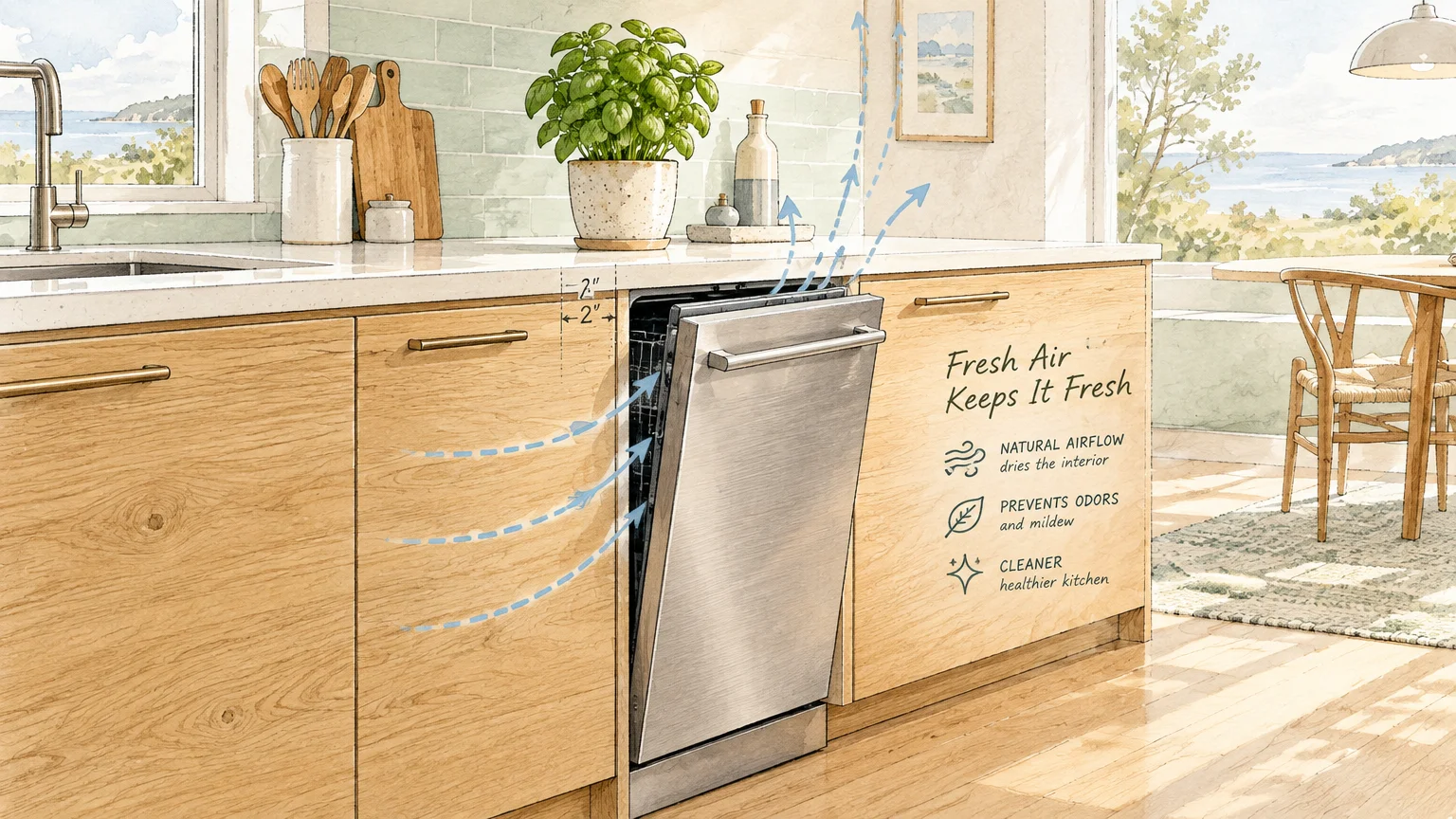 Illustration of a dishwasher door propped open two inches in a wooden kitchen counter, with arrows showing airflow.