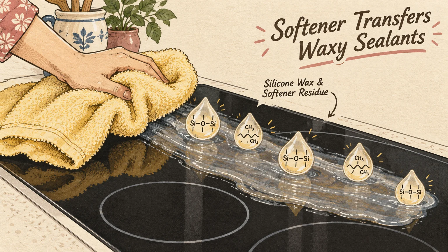 Illustration of a hand wiping a glass stovetop with a yellow towel, leaving a streak marked with chemical droplets.