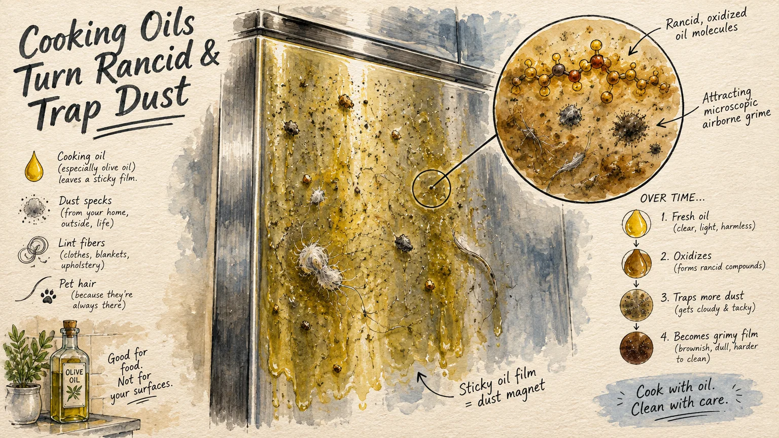Illustrated infographic showing cooking oil turning gummy and trapping dust, hair, and grime on stainless steel.