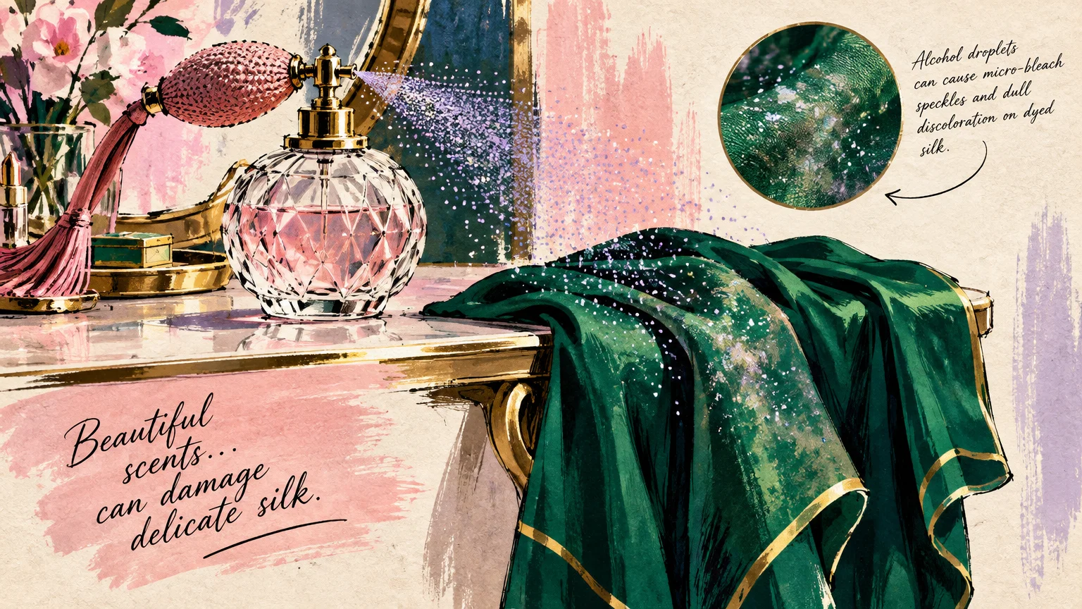Illustration of a vintage perfume bottle spraying mist onto a green silk garment, with a circular close-up of speckled damage.