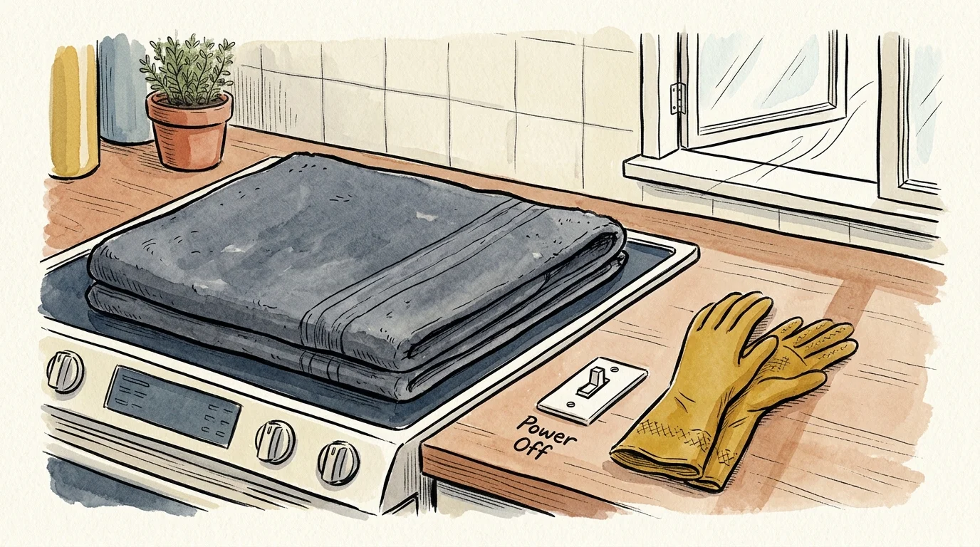 Illustration of a folded towel on a stovetop beside rubber gloves, an open window, and a power switch set to off.