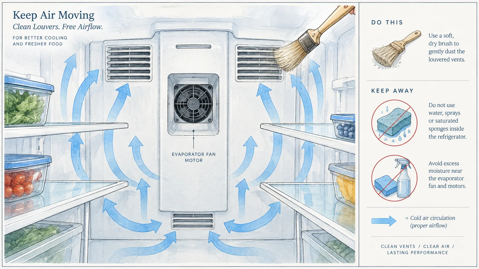Illustration of refrigerator vents and an evaporator fan with cleaning instructions and airflow arrows.