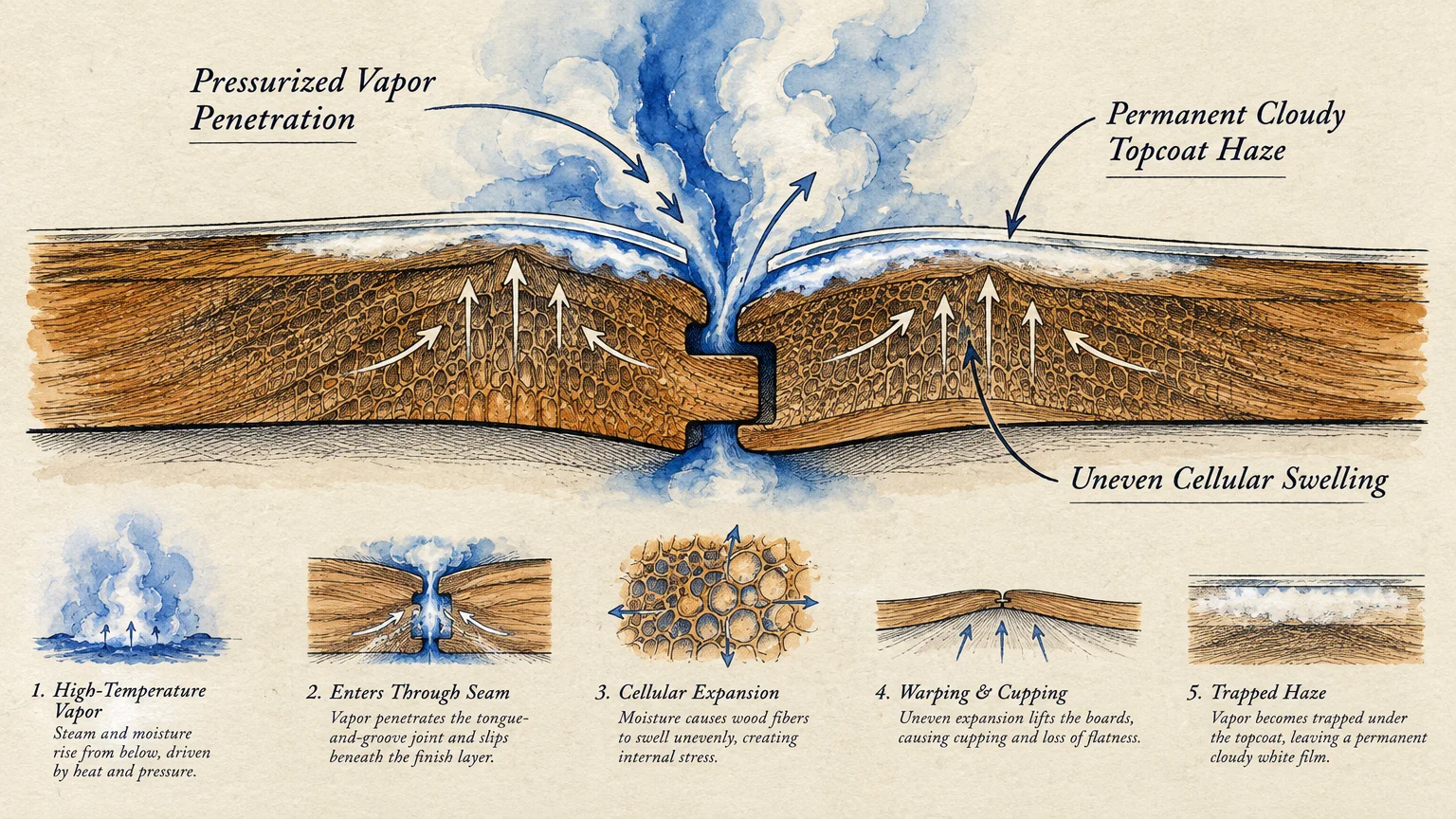 Diagram showing steam vapor penetrating a wood floorboard seam, causing cellular swelling, cupping, and cloudy topcoat haze.