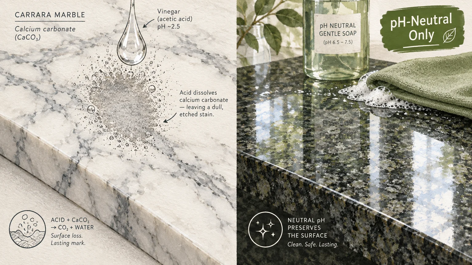 Split view comparing vinegar etching marble countertop with gentle pH-neutral soap cleaning a polished granite surface.