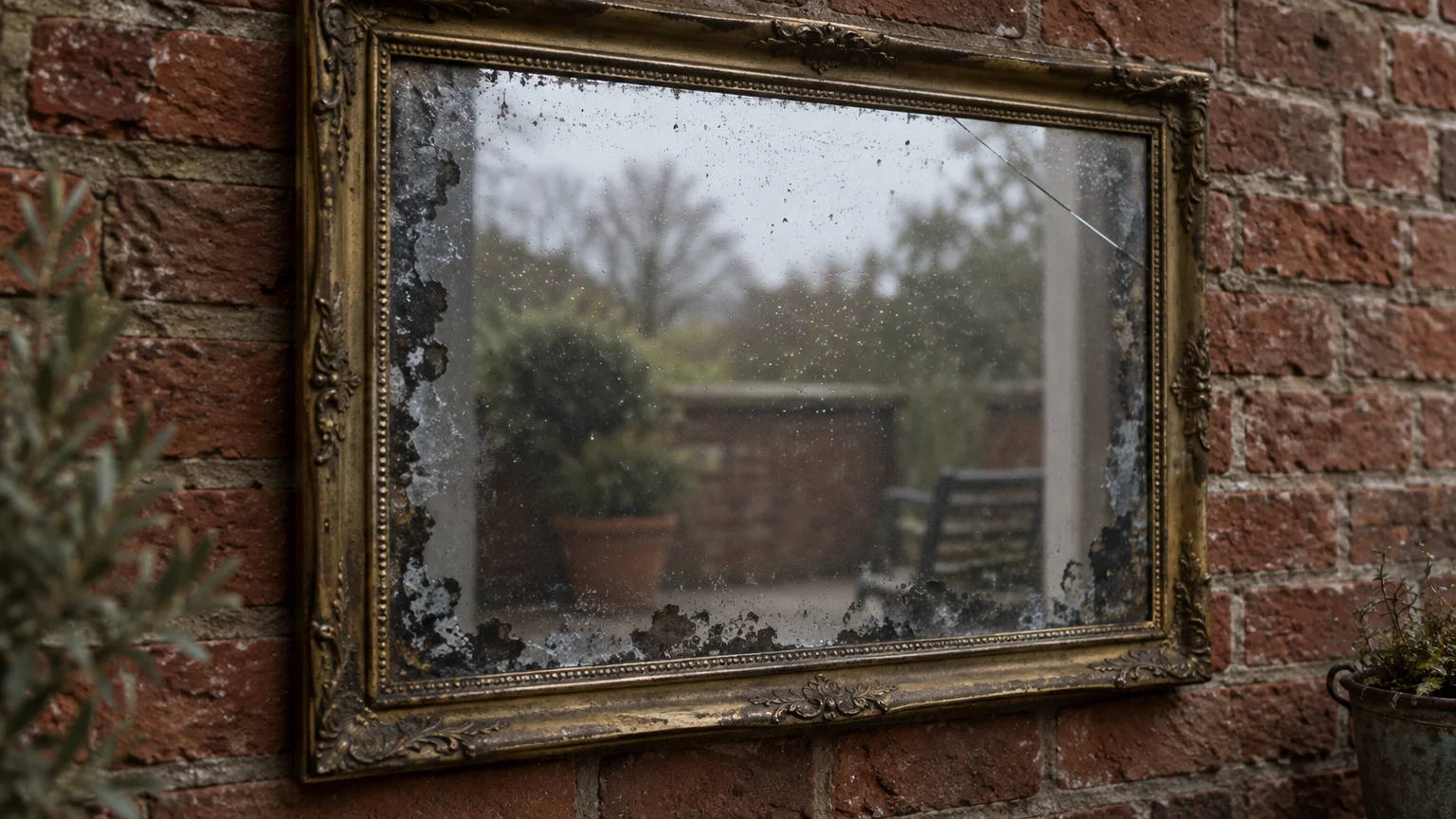 Weathered vintage gold-framed mirror with cracked glass and desilvered edges hanging on an exterior brick wall.
