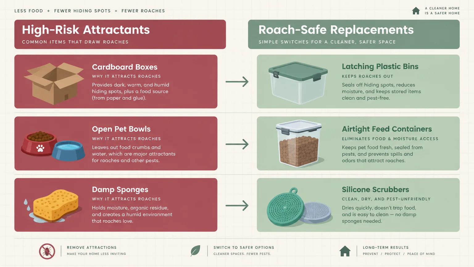 Diagram comparing high-risk roach attractants like cardboard boxes to pest-safe replacements like latching plastic bins.