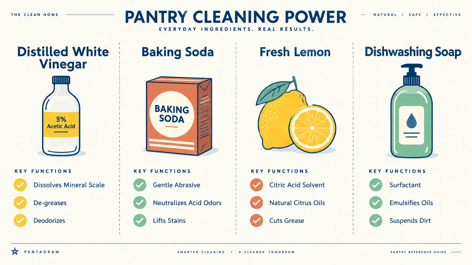 Infographic showing four pantry cleaners—distilled white vinegar, baking soda, fresh lemon, and dishwashing soap—with key functions.