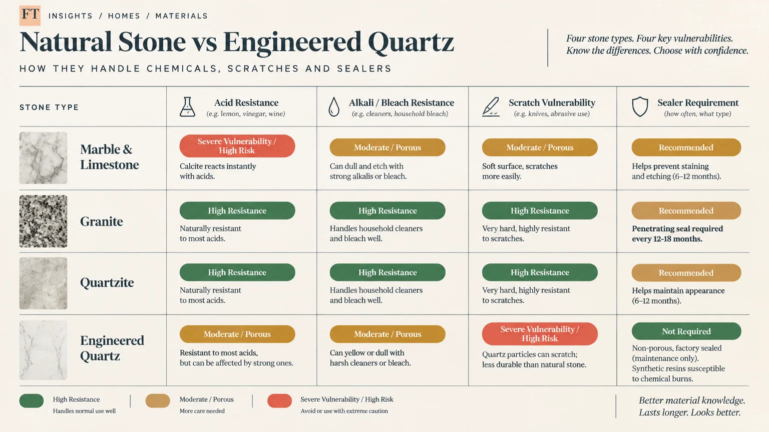Comparison chart rating marble, granite, quartzite, and engineered quartz across resistance, scratching, and sealing needs.
