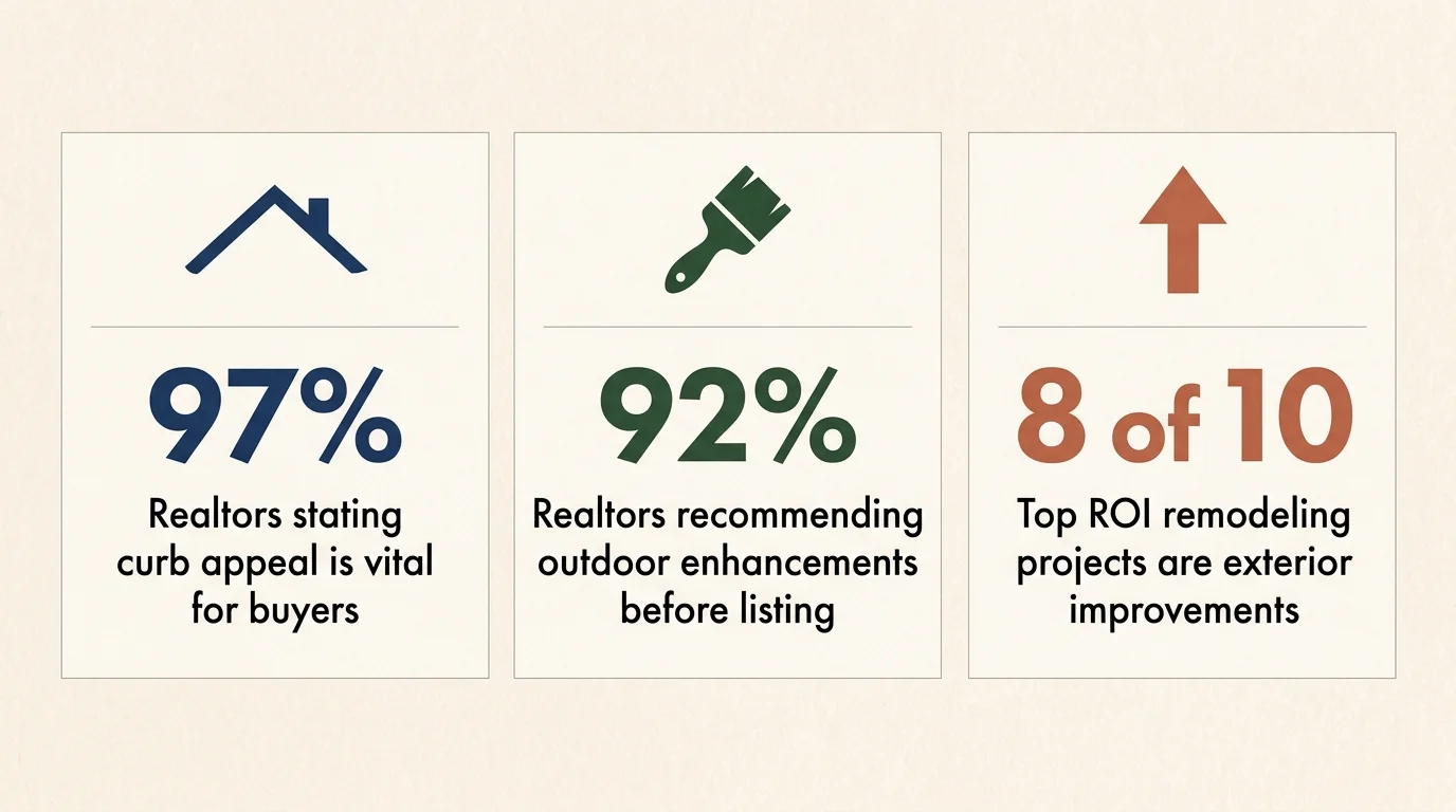 Three stat cards displaying 97% for curb appeal, 92% for outdoor enhancements, and 8 of 10 top ROI projects.