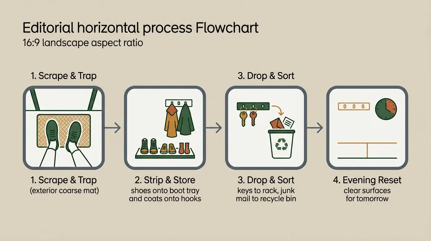 Four-step diagram showing scrape and trap, strip and store, drop and sort, and evening reset for foyer flow.