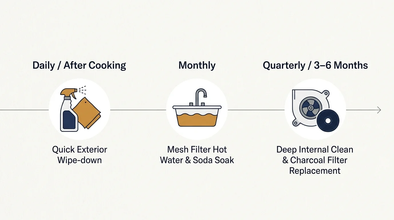 Three-step timeline diagram showing daily wipe-downs, monthly filter soaks, and quarterly deep internal cleaning.