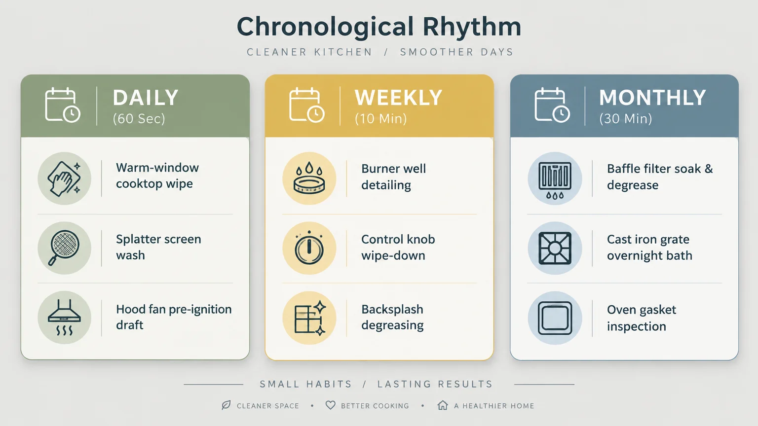 Diagram titled Chronological Rhythm with three columns labeled Daily, Weekly, and Monthly listing cleaning tasks.