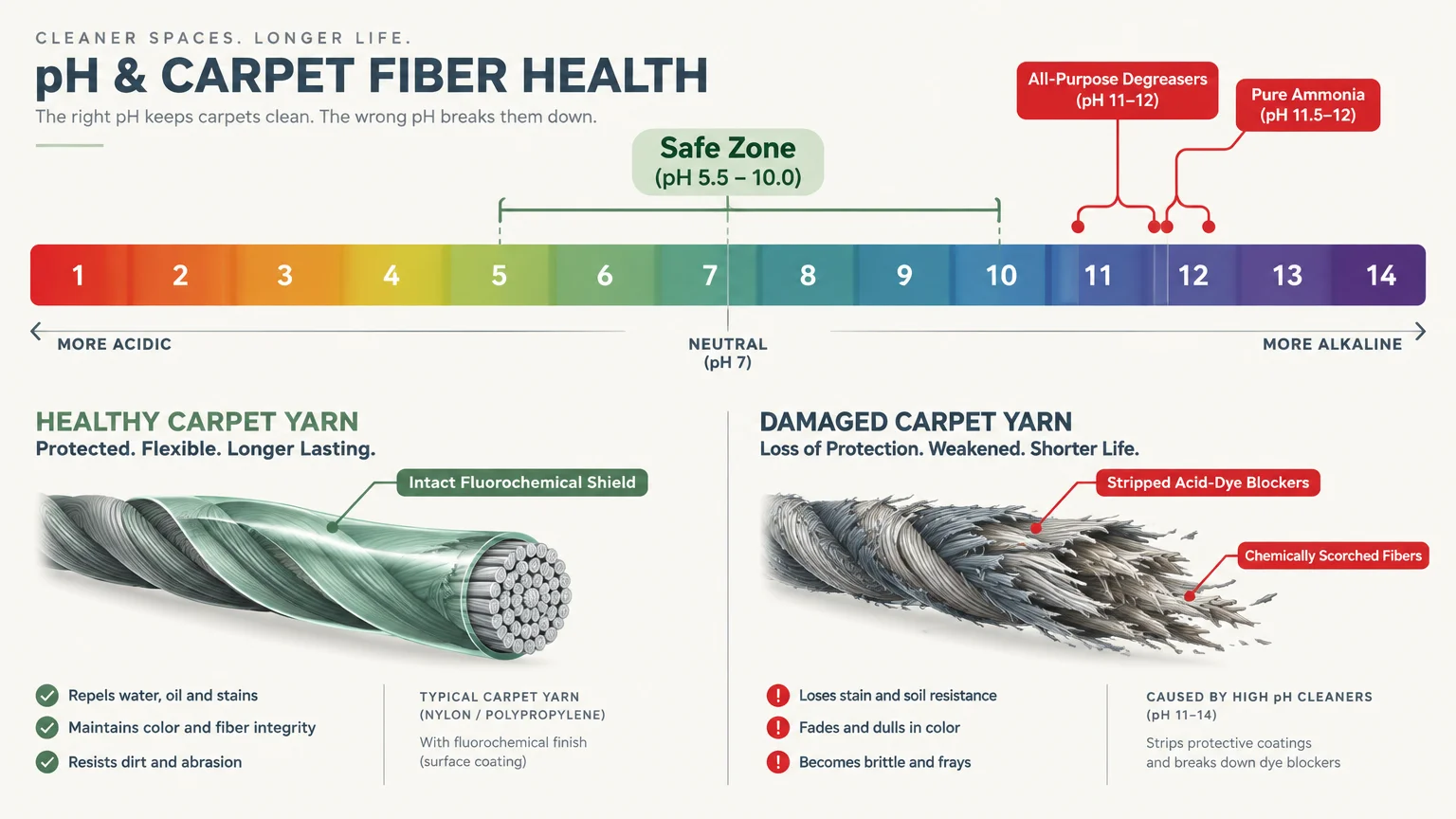 Diagram of a pH scale showing safe carpet zones versus alkaline cleaners damaging carpet fibers.