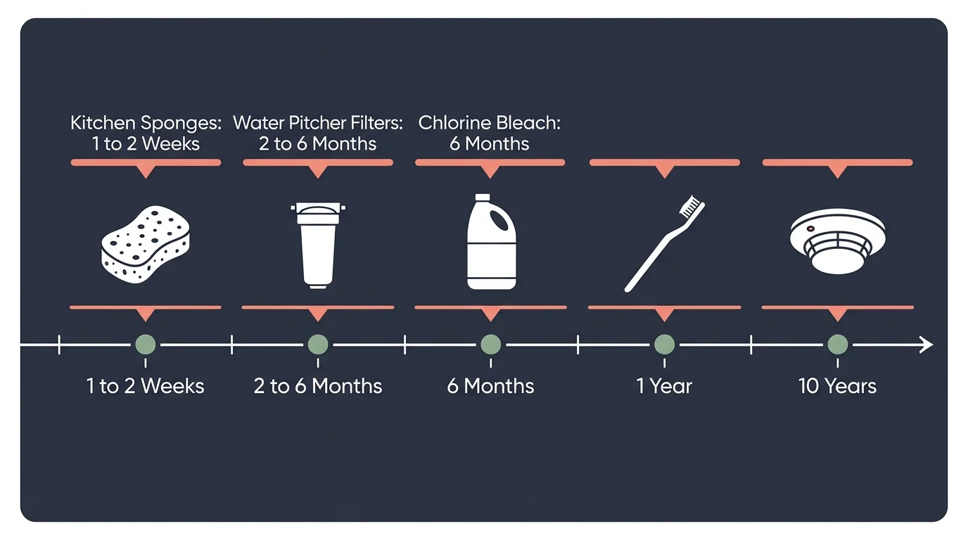 Horizontal timeline diagram showing replacement lifespans for kitchen sponges, water filters, bleach, a toothbrush, and a smoke alarm.